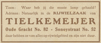 717241 Advertentie van Tielkemeijer, handel in rijwielen en motoren, Oudegracht 82 en Sonoystraat 52 te Utrecht.